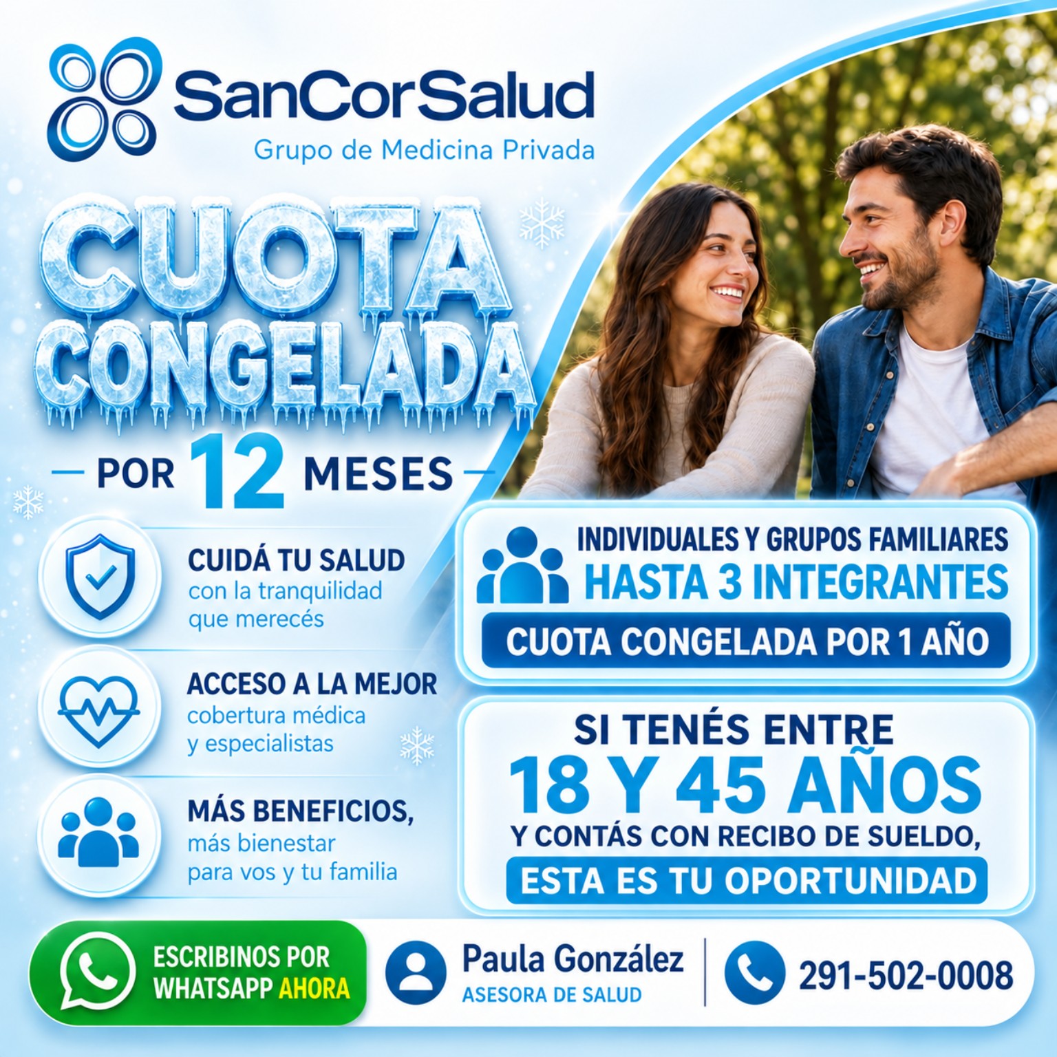 Promoción de cuota congelada por 12 meses para personas de 18 a 45 años y grupos familiares